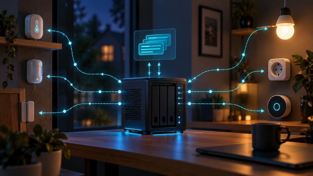 Illustration eines MQTT-Brokers mit vernetzten Smart-Home-Geräten