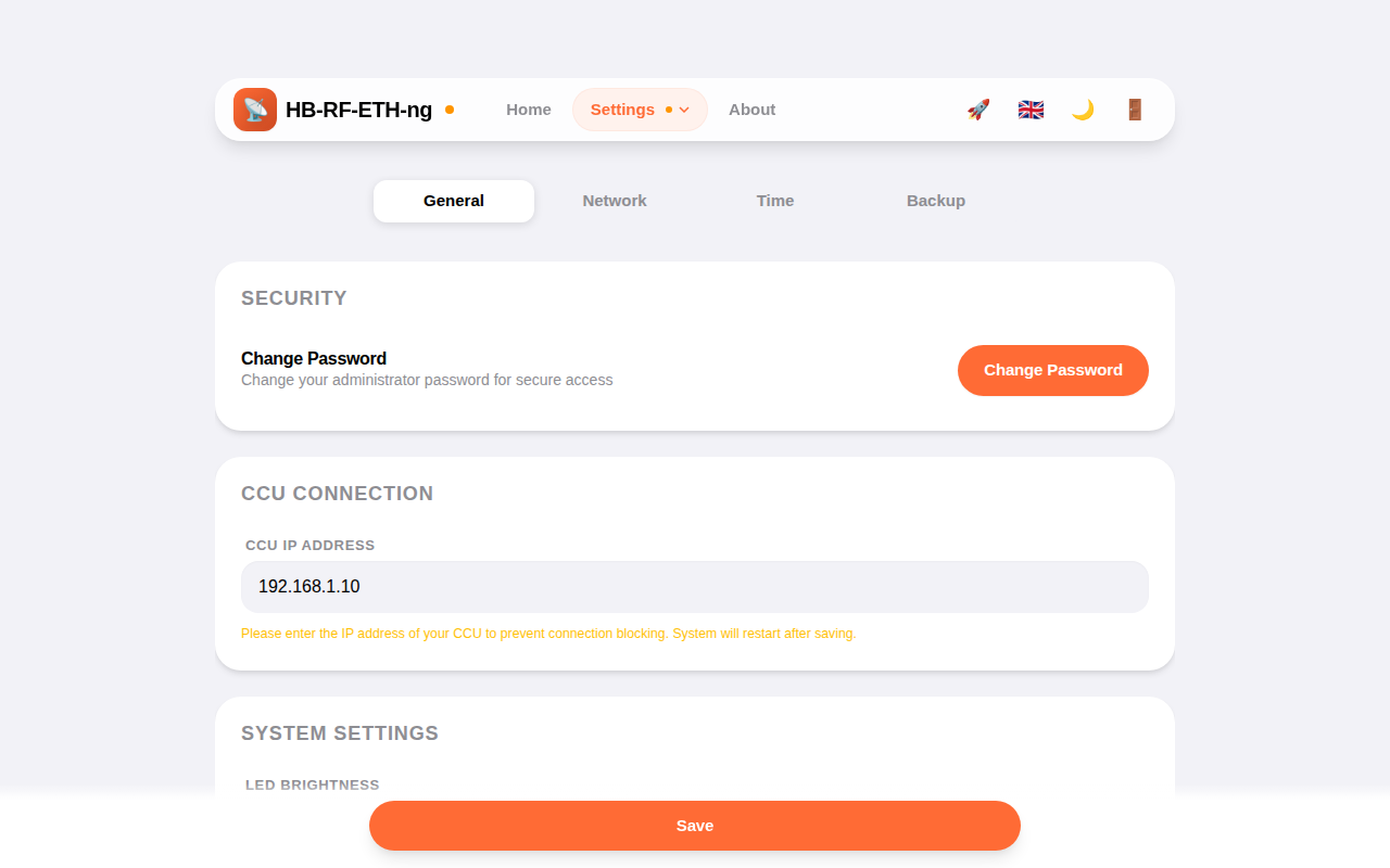 HB-RF-ETH-ng Einstellungen für Netzwerk, Sicherheit und Design