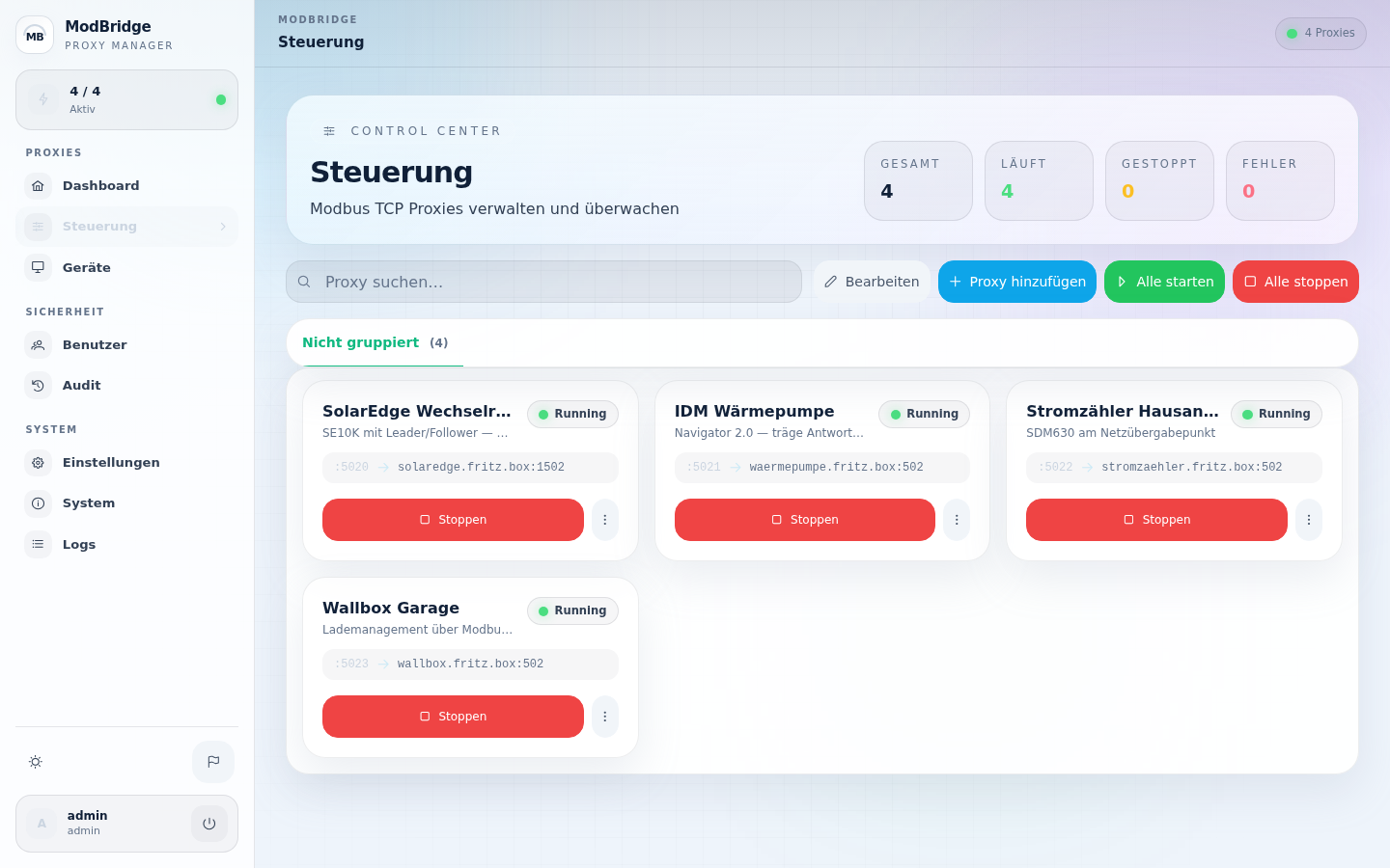 ModBridge Proxy-Verwaltung mit Geräteprofilen